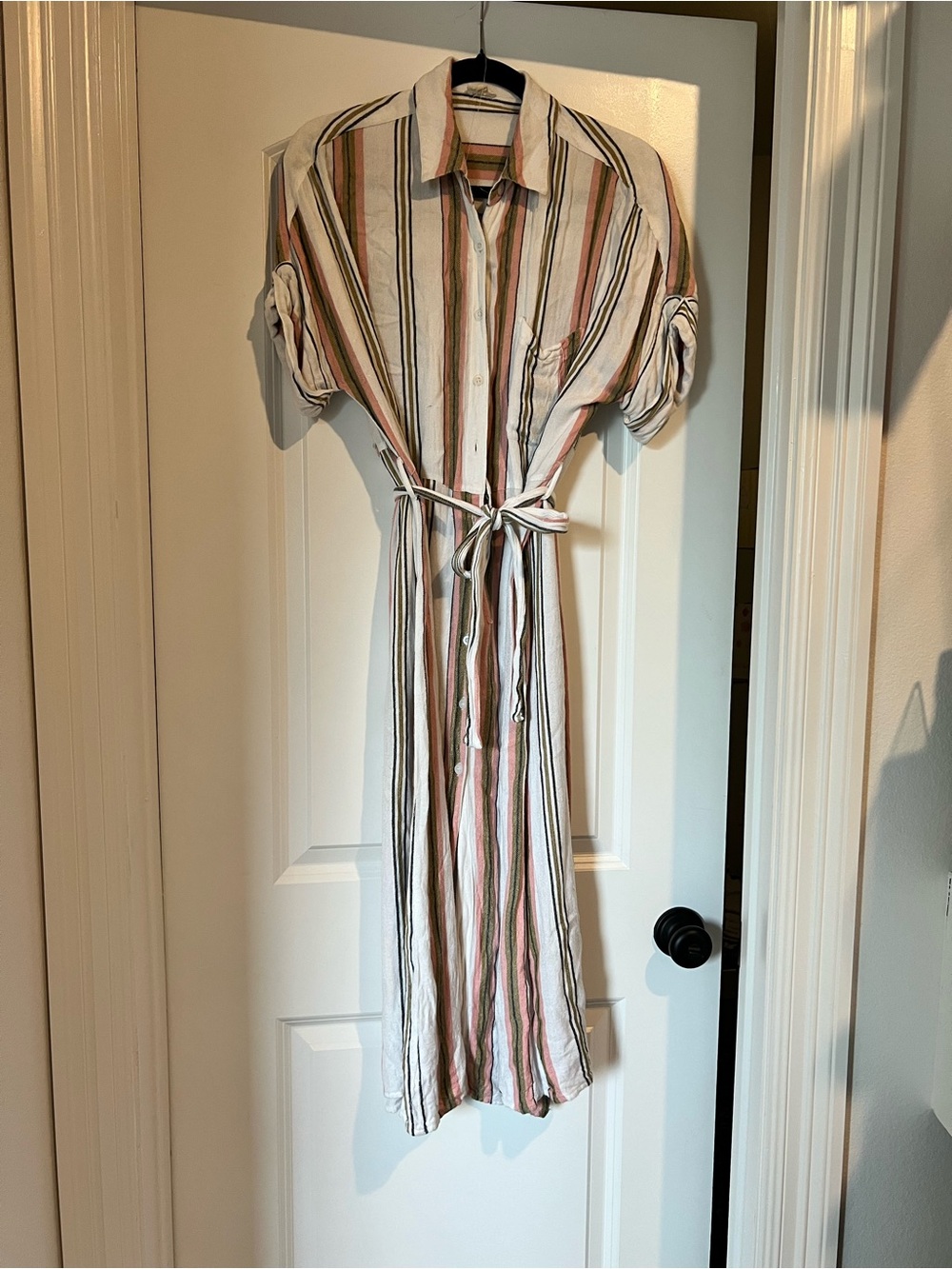 Striped Button-Front Shirt Dress with Tie Waist - White & Pink Stripes